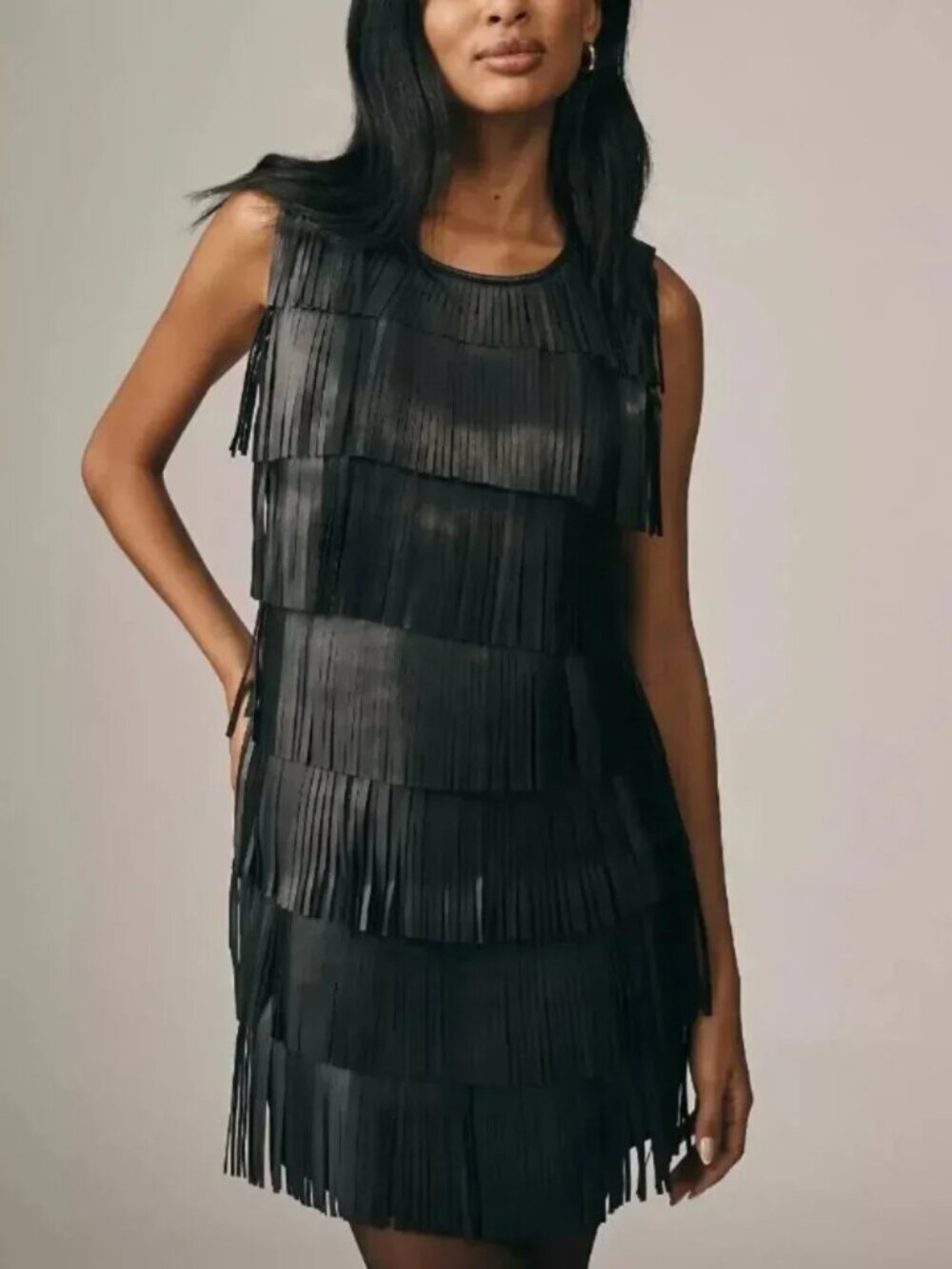 Anthropologie Siempre Faux Leather Fringe Shift Dress, Black, XXS - Picture 2 of 3